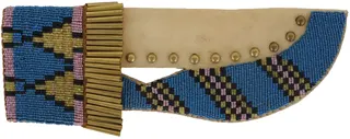 Beaded Knife Sheath,
10-3/4" long by 3-3/4" wide,
rawhide, brass cones,